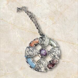 Vintage Celtic Cross with 5 Natural Colored Stones. 22” Chain.